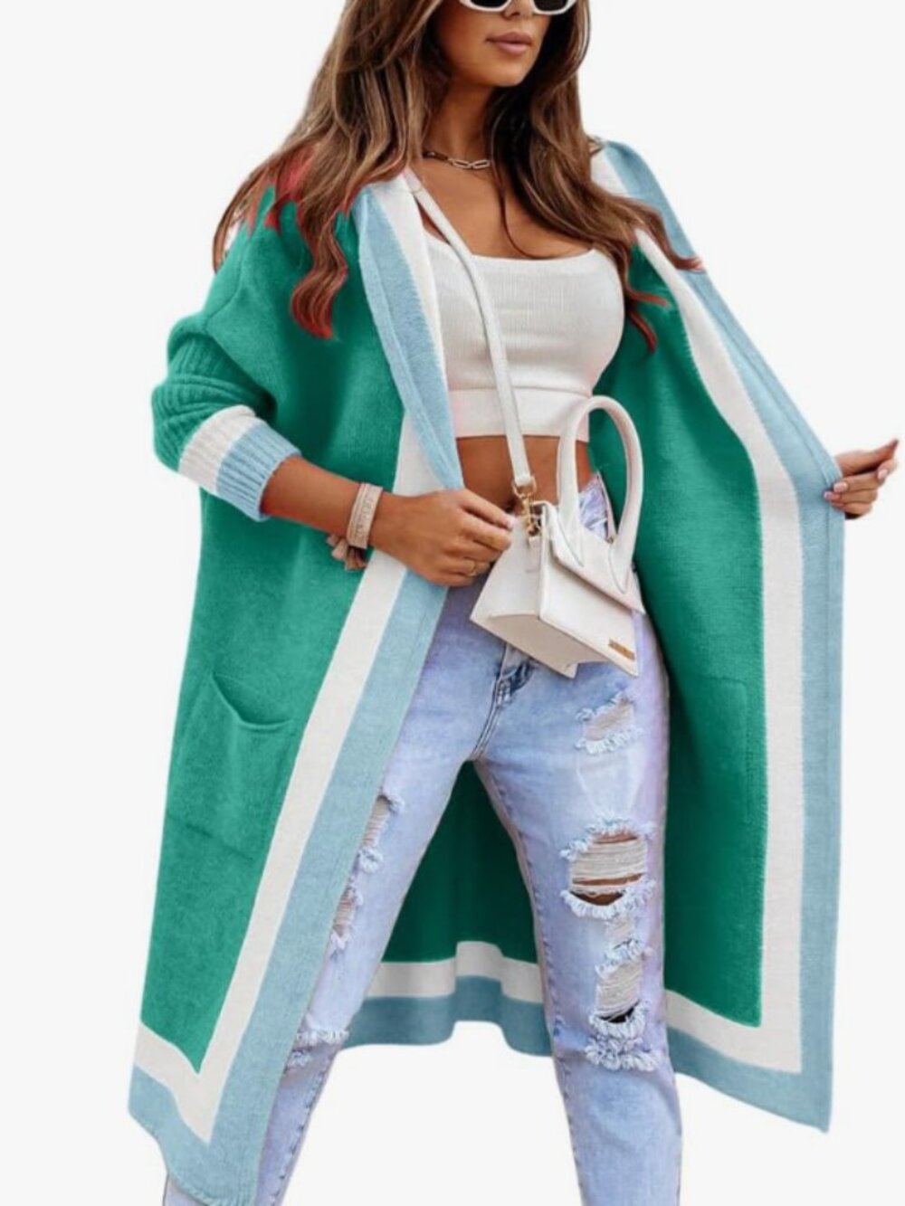 Chouyatou Women's Color Block Vertical Striped Open Front Oversized Hooded Long